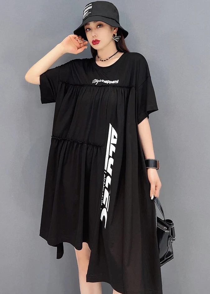 Beautiful Black Asymmetrical Wrinkled Letter Print Cotton Streetwear Dresses Short Sleeve - Image 5