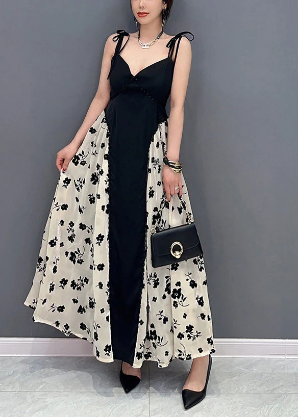 Beautiful Black Bustier Top Patchwork Print Silk Spaghetti Strap Dress Summer - Image 2