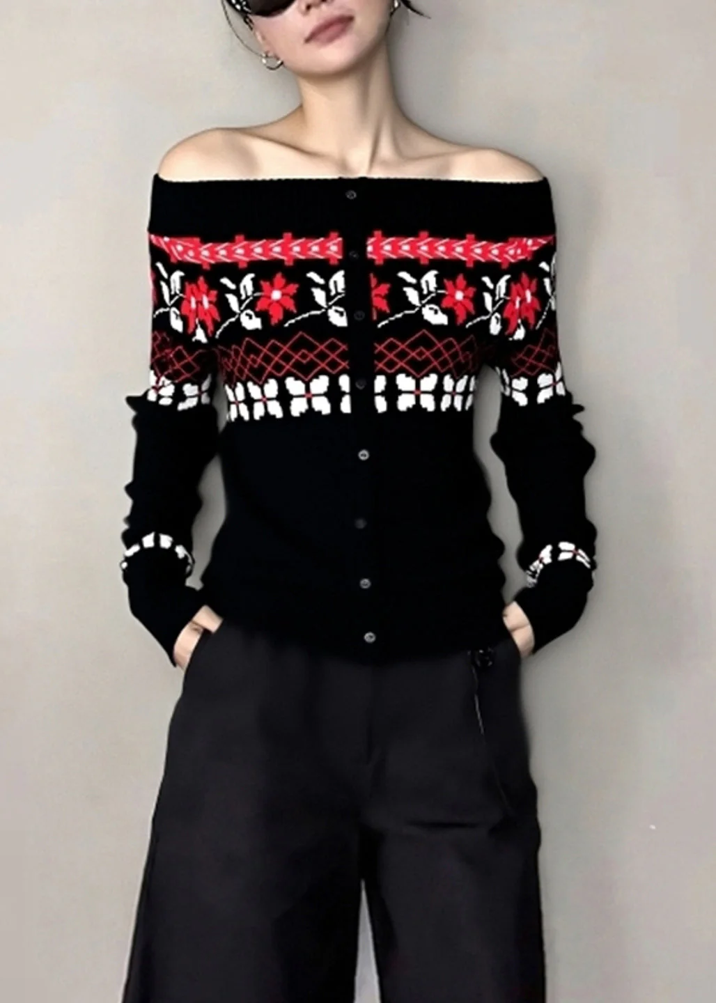 Beautiful Black Cold Shoulder Jacquard Knit Tops Winter - Image 2