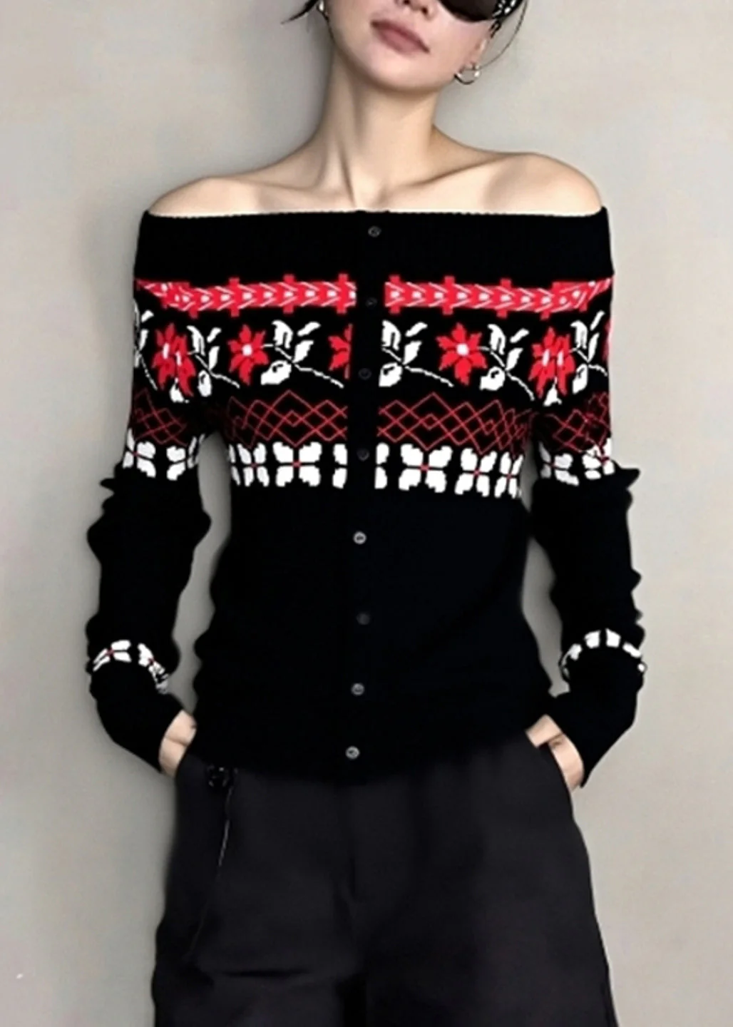 Beautiful Black Cold Shoulder Jacquard Knit Tops Winter - Image 3