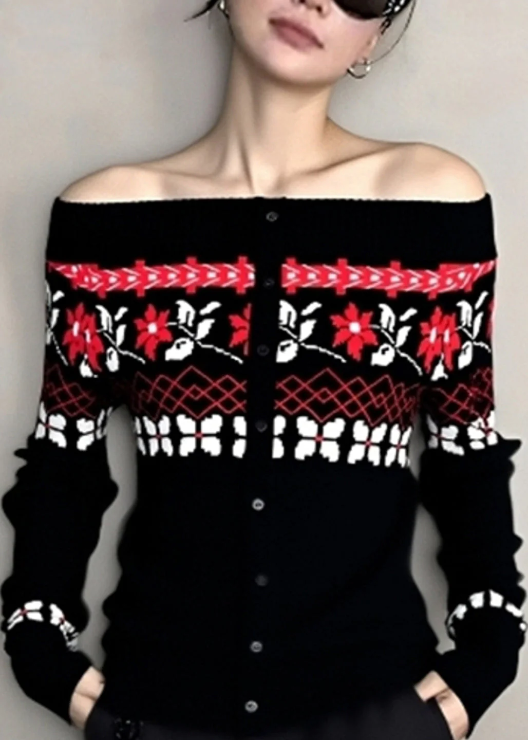 Beautiful Black Cold Shoulder Jacquard Knit Tops Winter - Image 5
