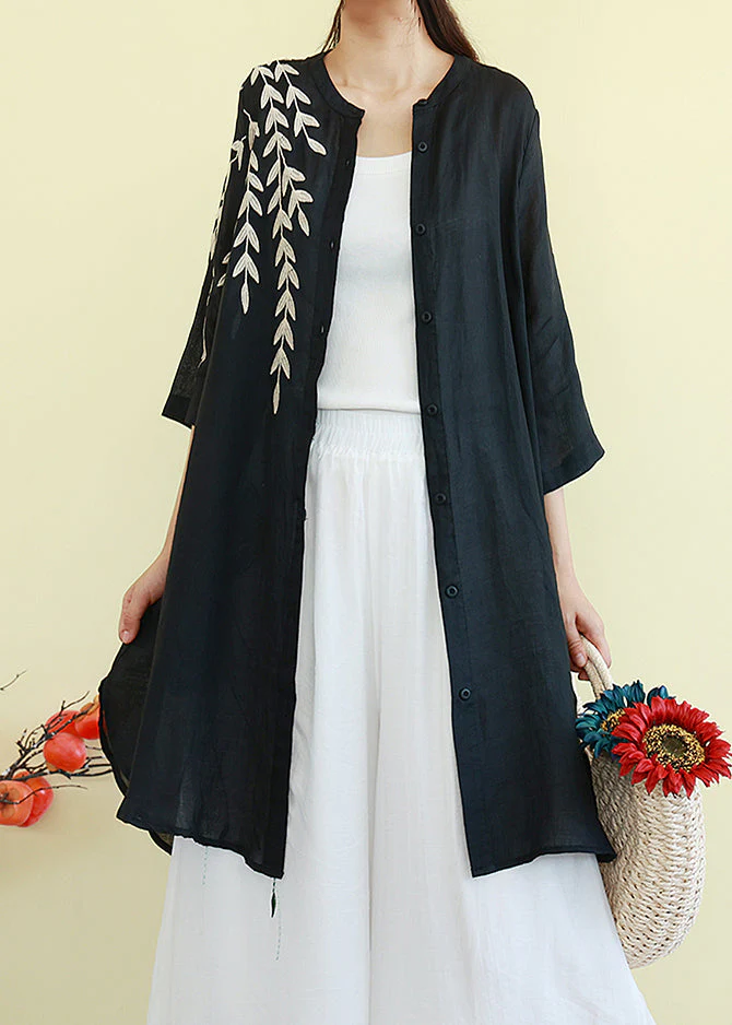 Beautiful Black Embroidered Linen Shirt Dresses Summer - Image 2