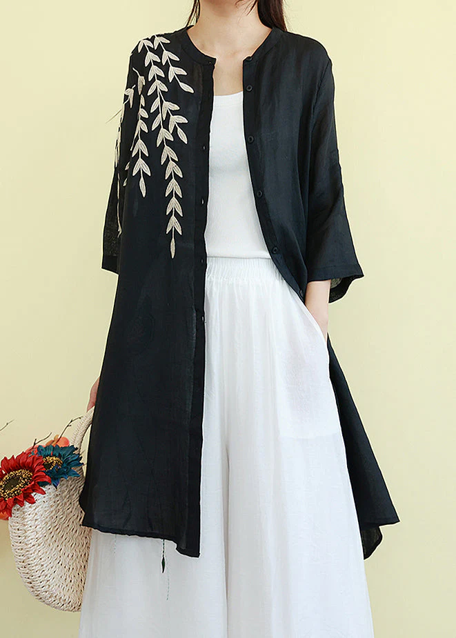 Beautiful Black Embroidered Linen Shirt Dresses Summer - Image 3