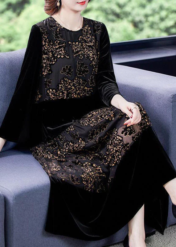 Beautiful Black Embroideried Tulle Patchwork Silk Velour Dresses Spring - Image 2