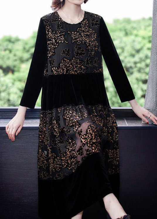 Beautiful Black Embroideried Tulle Patchwork Silk Velour Dresses Spring - Image 3