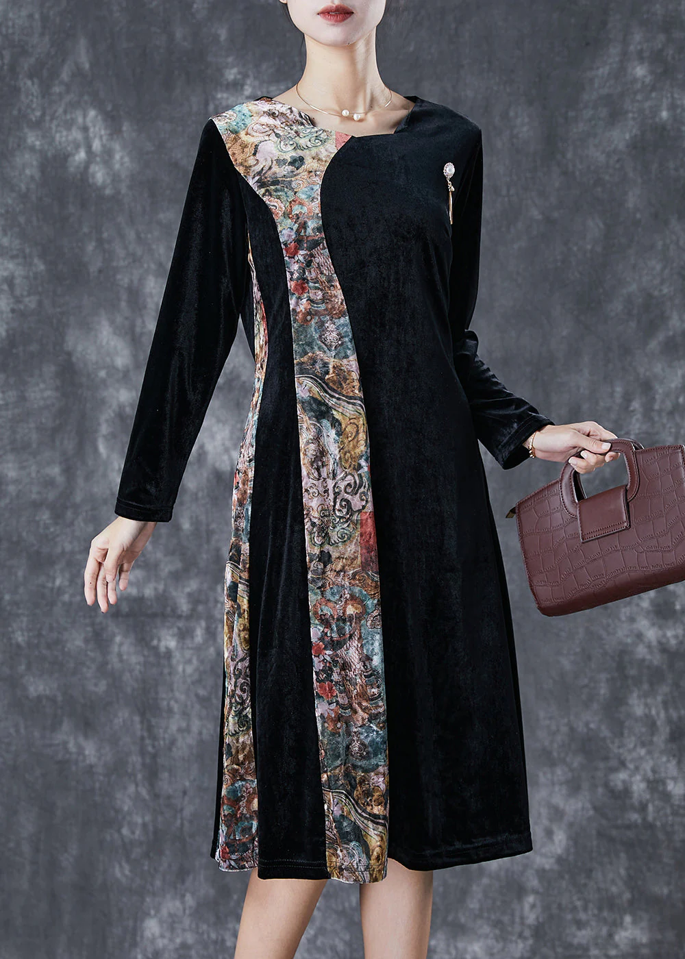Beautiful Black Exra Large Hem Patchwork Silk Velour Vacation Dresses Fall - Image 2