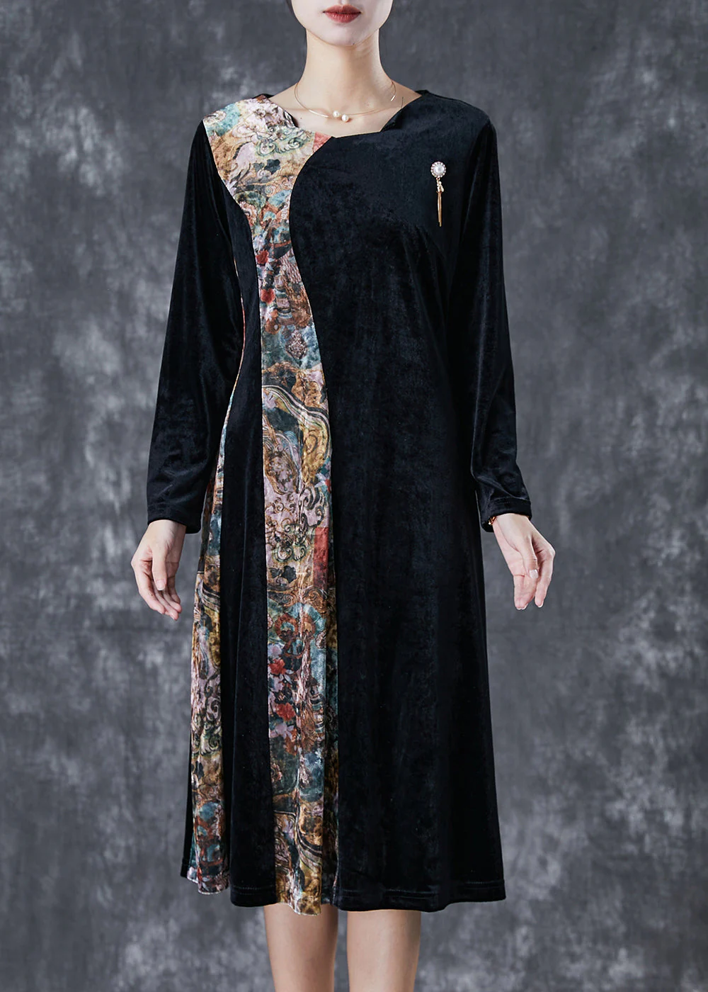 Beautiful Black Exra Large Hem Patchwork Silk Velour Vacation Dresses Fall - Image 3