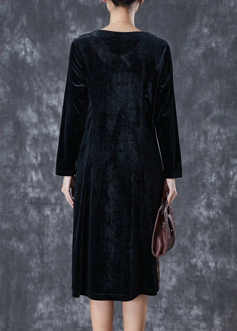 Beautiful Black Exra Large Hem Patchwork Silk Velour Vacation Dresses Fall - Image 4