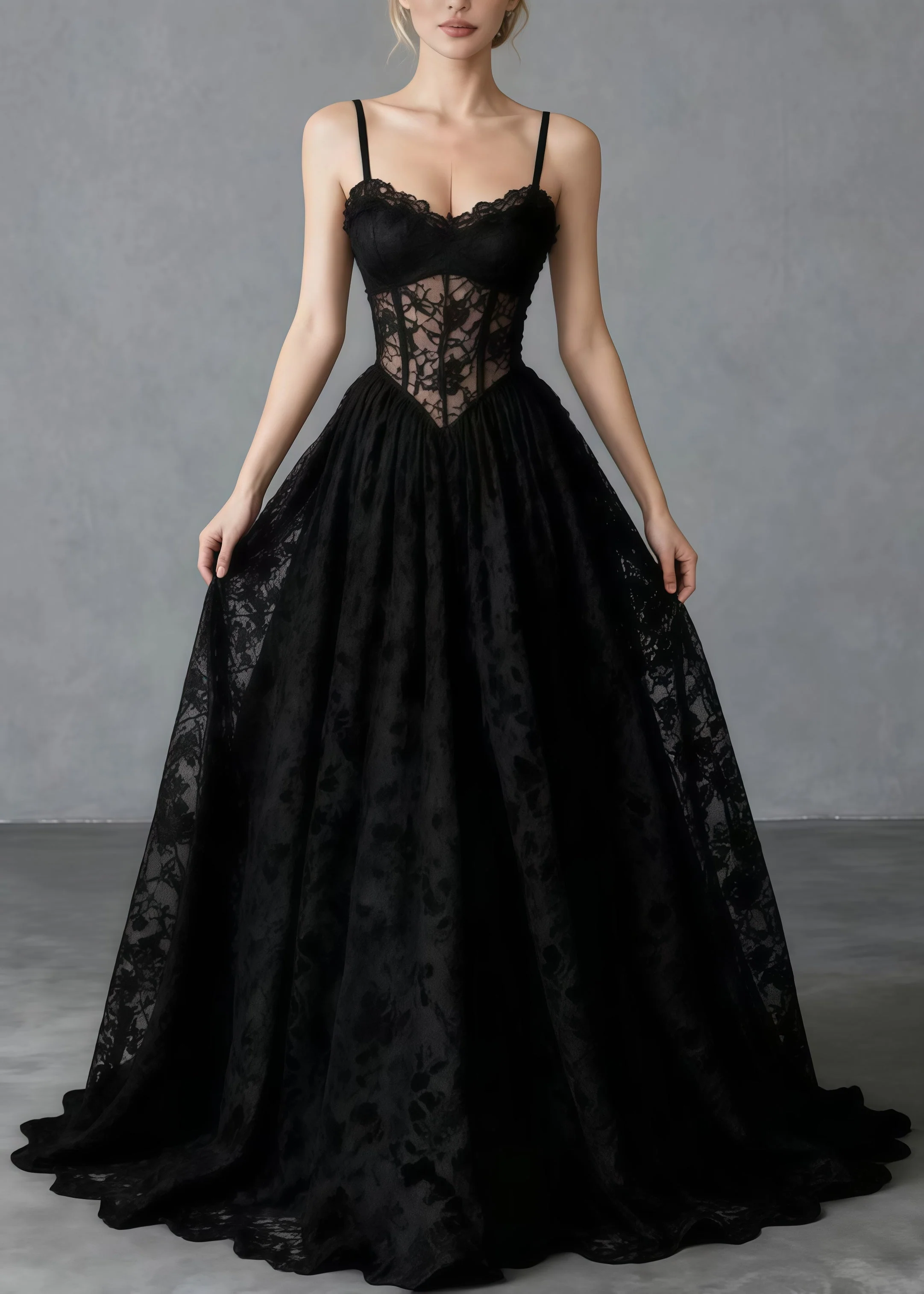 Beautiful Black Hollow Out Exra Large Hem Lace Cami Dresses Summer - Image 3
