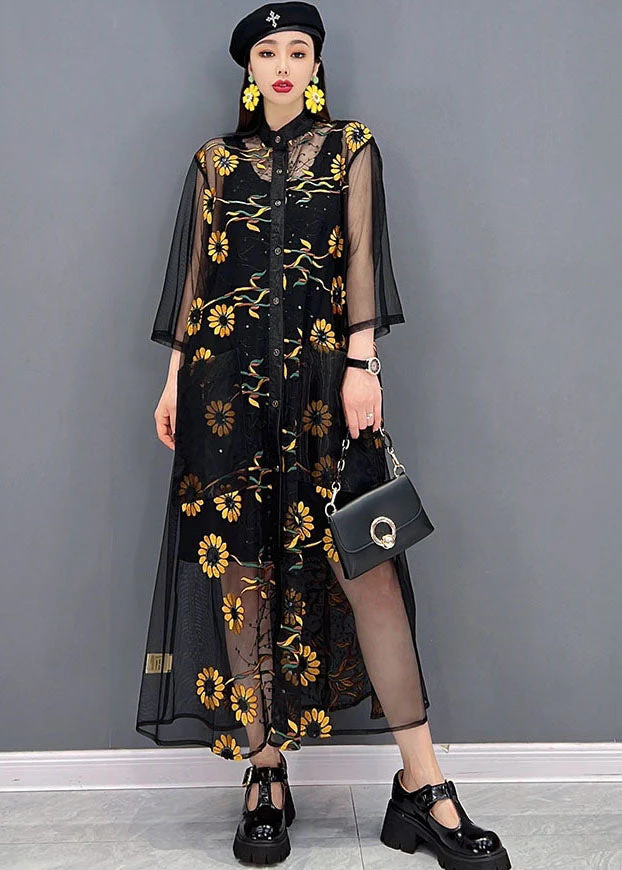 Beautiful Black Hollow Out Floral Print Tulle UPF 50+ Long Shirt Dress Summer - Image 2