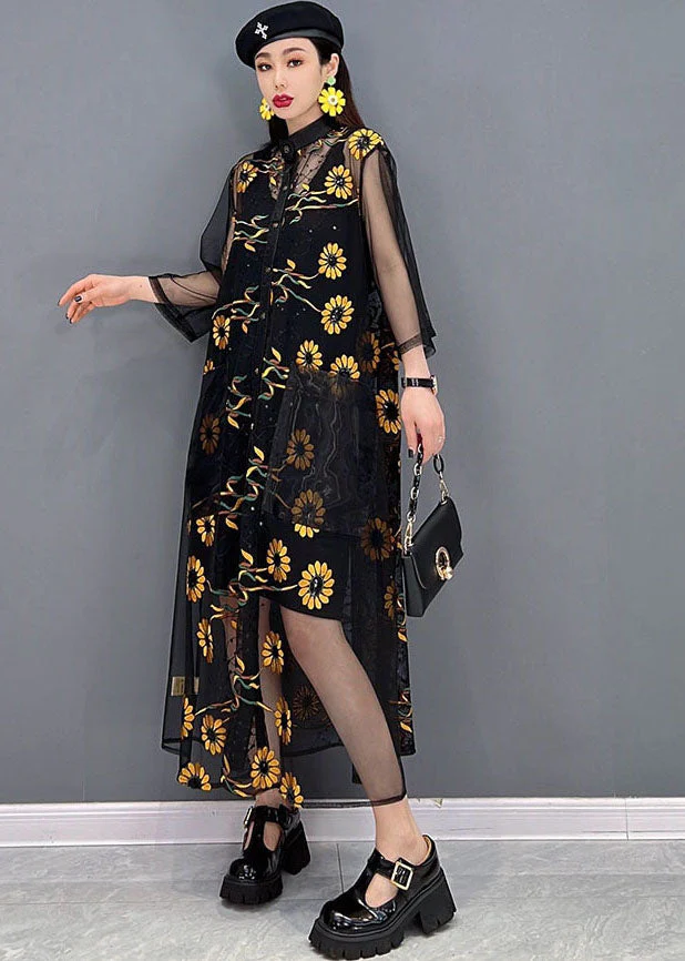 Beautiful Black Hollow Out Floral Print Tulle UPF 50+ Long Shirt Dress Summer - Image 3