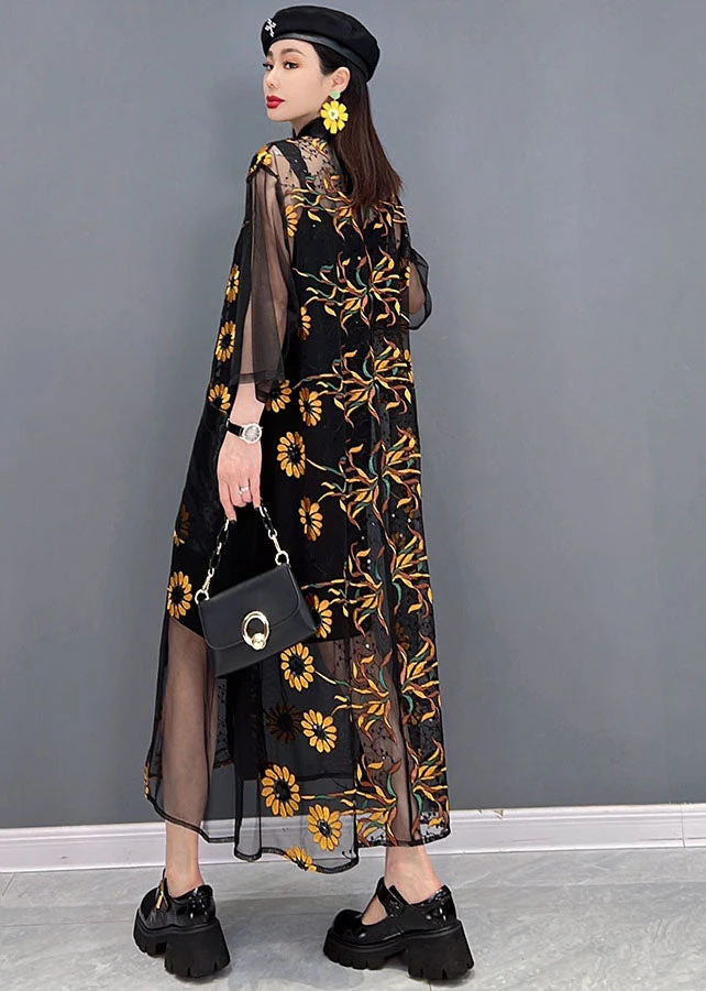 Beautiful Black Hollow Out Floral Print Tulle UPF 50+ Long Shirt Dress Summer - Image 4