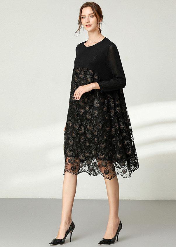 Beautiful Black Lace Patchwork Fall Dress Long Sleeve - Image 3