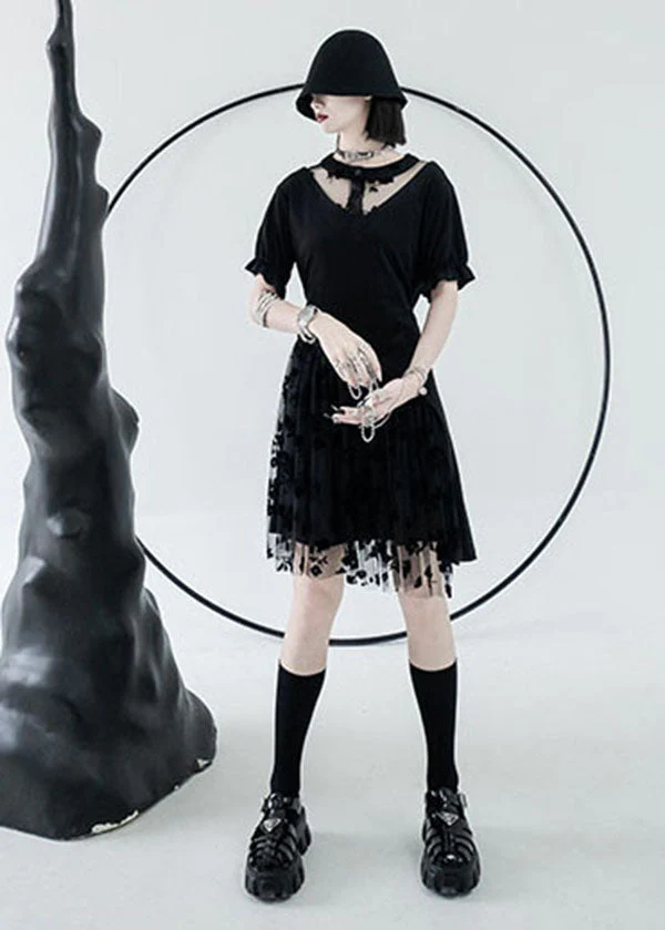 Beautiful Black O-Neck Asymmetrical Design Tulle Cotton Mid Dress Summer - Image 3