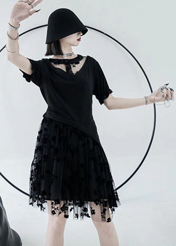 Beautiful Black O-Neck Asymmetrical Design Tulle Cotton Mid Dress Summer - Image 4
