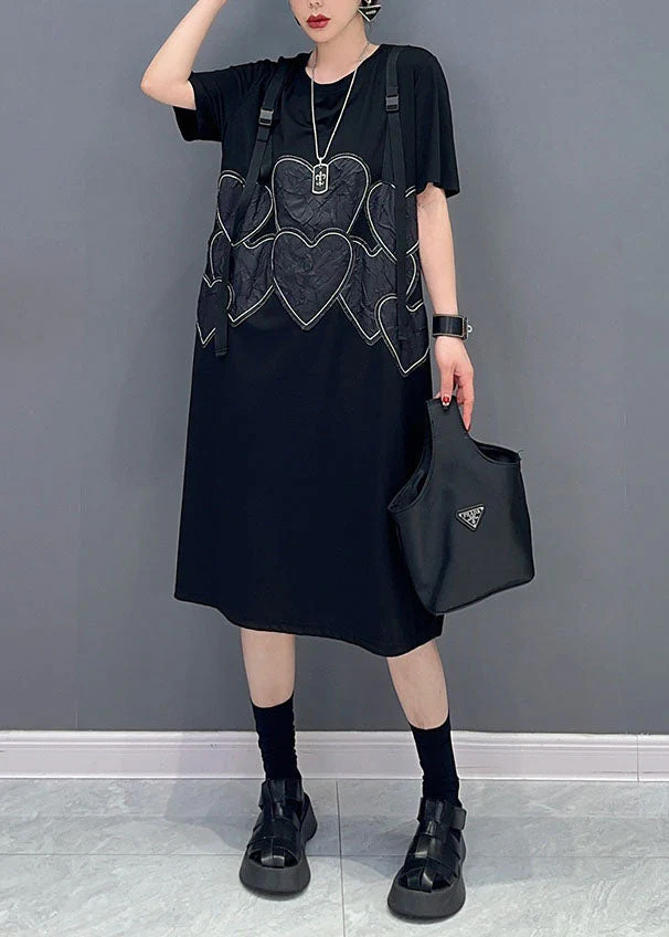 Beautiful Black O Neck Heart Patchwork Cotton Dresses Summer - Image 2