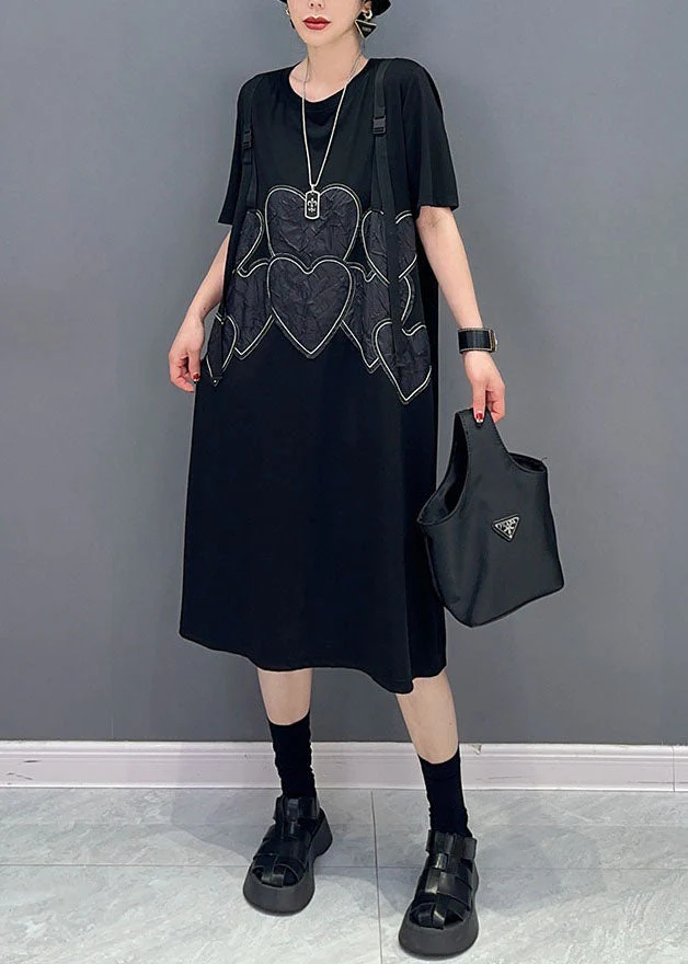 Beautiful Black O Neck Heart Patchwork Cotton Dresses Summer - Image 3