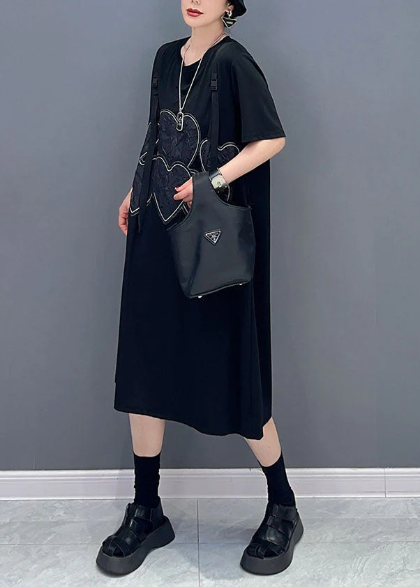 Beautiful Black O Neck Heart Patchwork Cotton Dresses Summer - Image 4