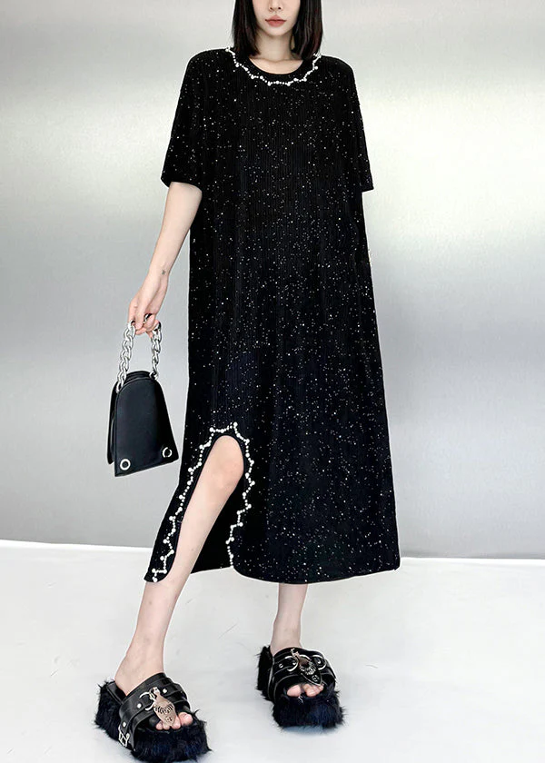Beautiful Black O Neck Nail Bead Cotton Dresses Summer