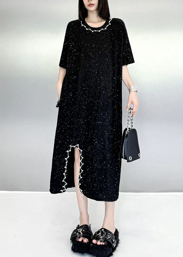 Beautiful Black O Neck Nail Bead Cotton Dresses Summer - Image 2