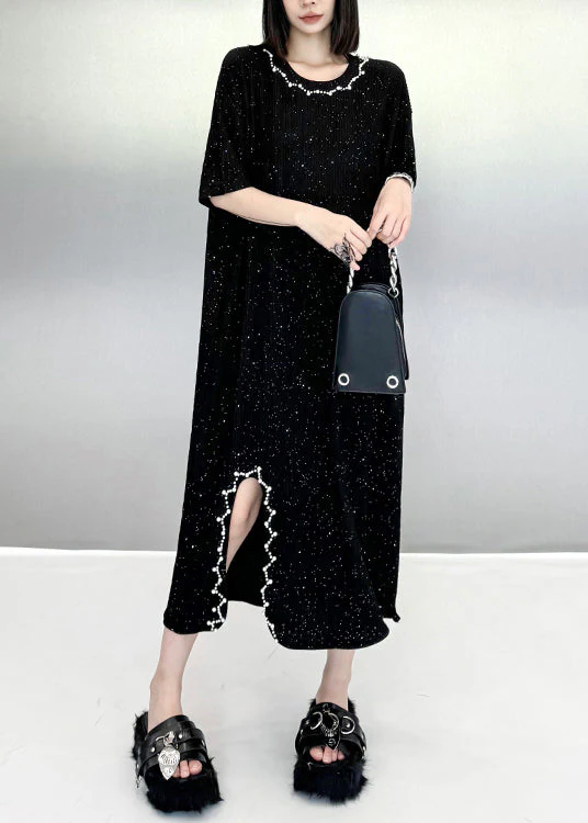 Beautiful Black O Neck Nail Bead Cotton Dresses Summer - Image 3