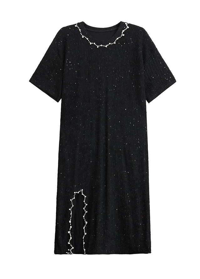 Beautiful Black O Neck Nail Bead Cotton Dresses Summer - Image 5