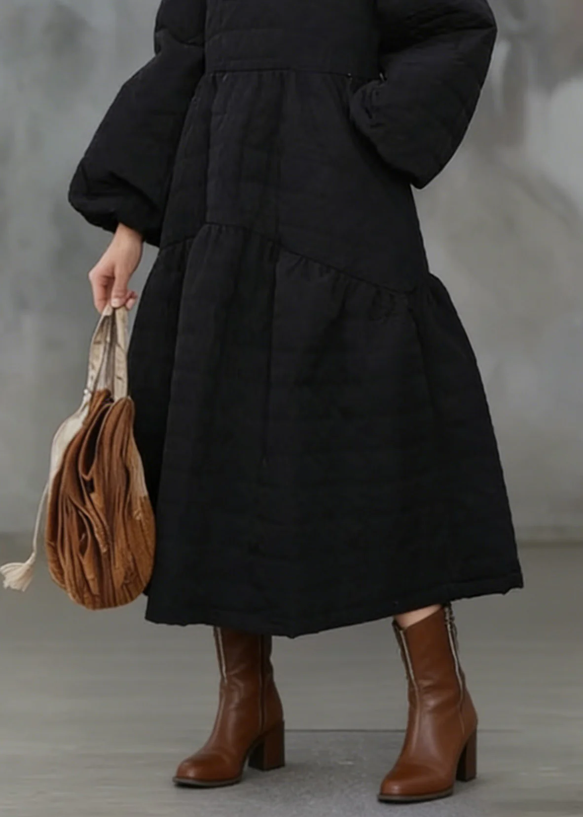Beautiful Black O Neck Pockets Patchwork Fine Cotton Filled Dress Winter - Image 4
