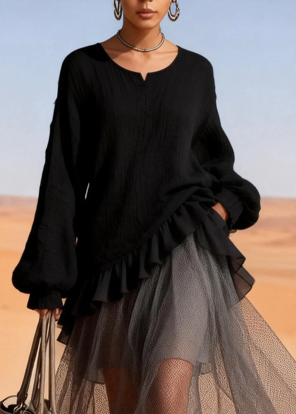 Beautiful Black O-Neck Ruffled Patchwork Tulle Dresses Spring - Image 2