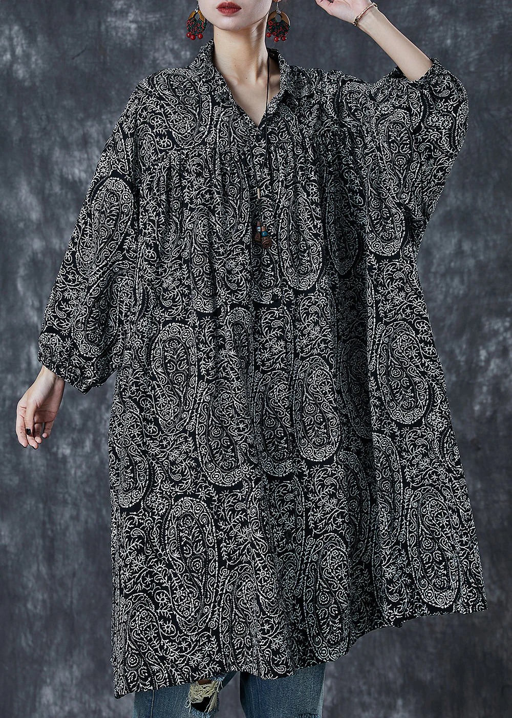Beautiful Black Oversized Print Cotton Shirt Dress Spring - Image 2