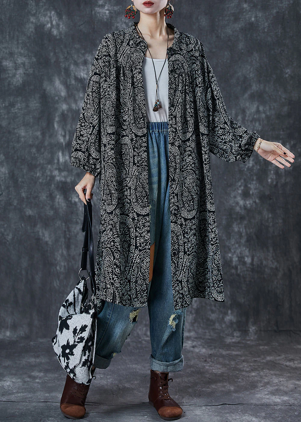 Beautiful Black Oversized Print Cotton Shirt Dress Spring - Image 3