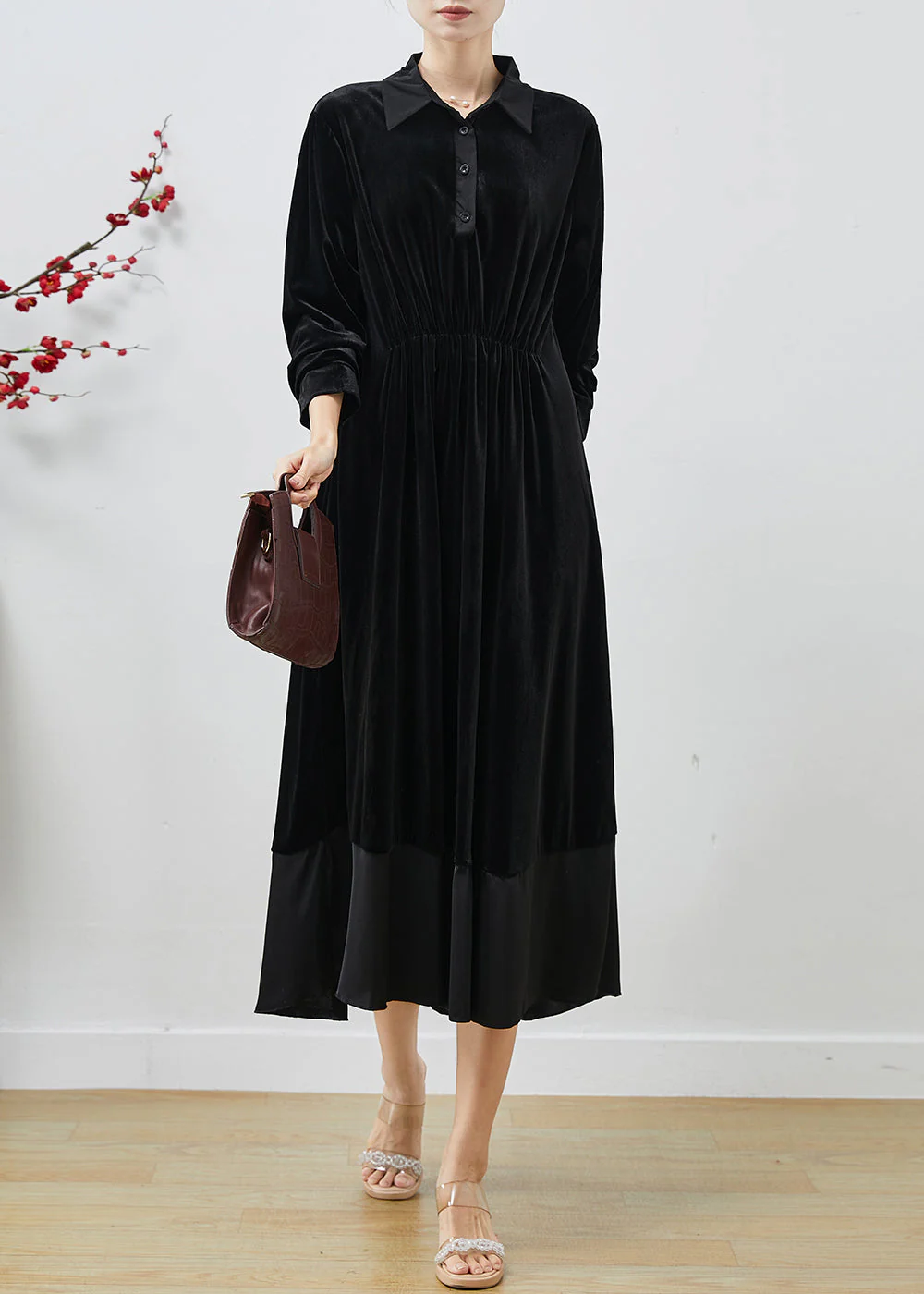 Beautiful Black Peter Pan Collar Patchwork Silk Velvet Dresses Fall - Image 2