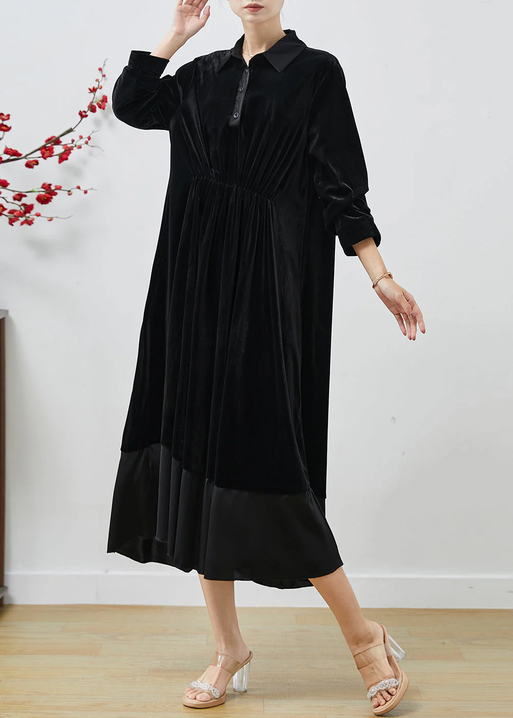 Beautiful Black Peter Pan Collar Patchwork Silk Velvet Dresses Fall - Image 3