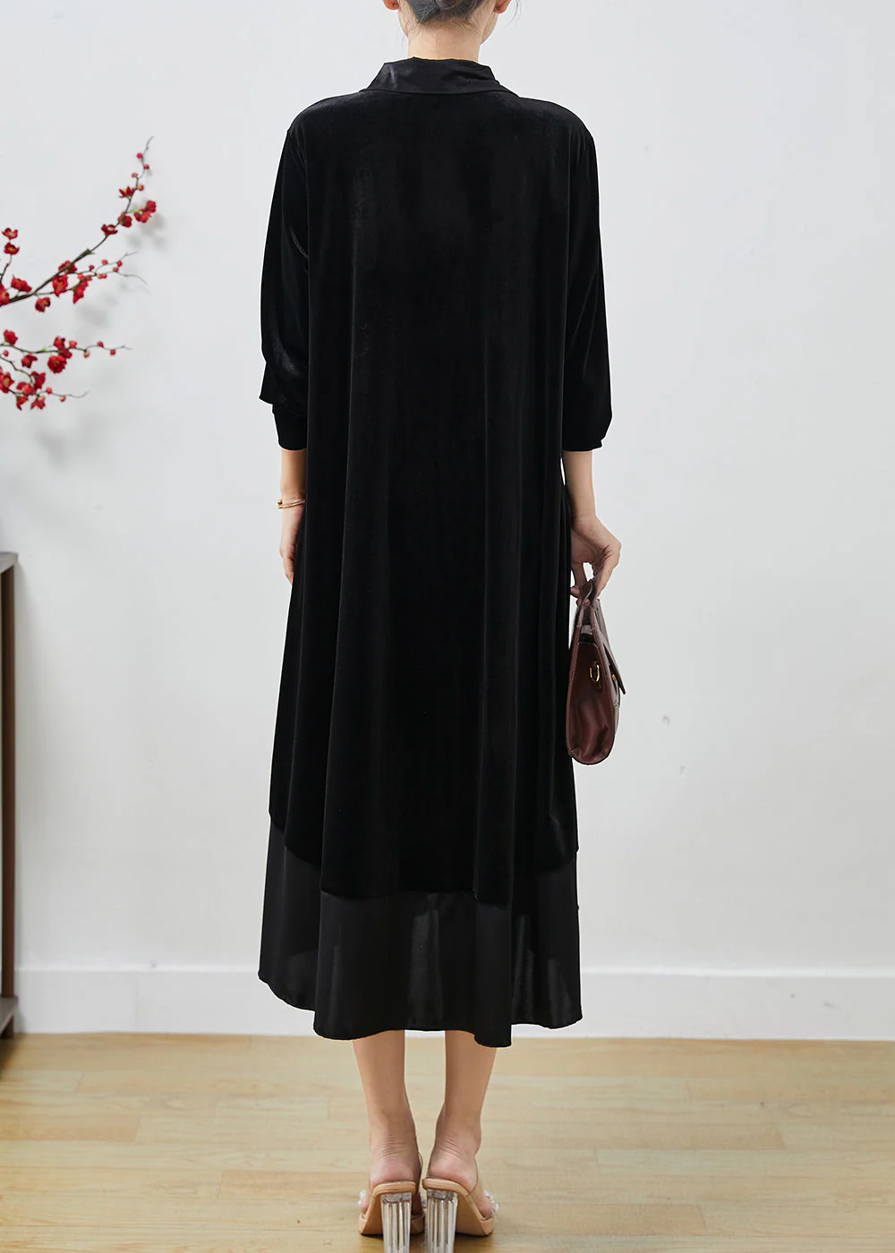 Beautiful Black Peter Pan Collar Patchwork Silk Velvet Dresses Fall - Image 4