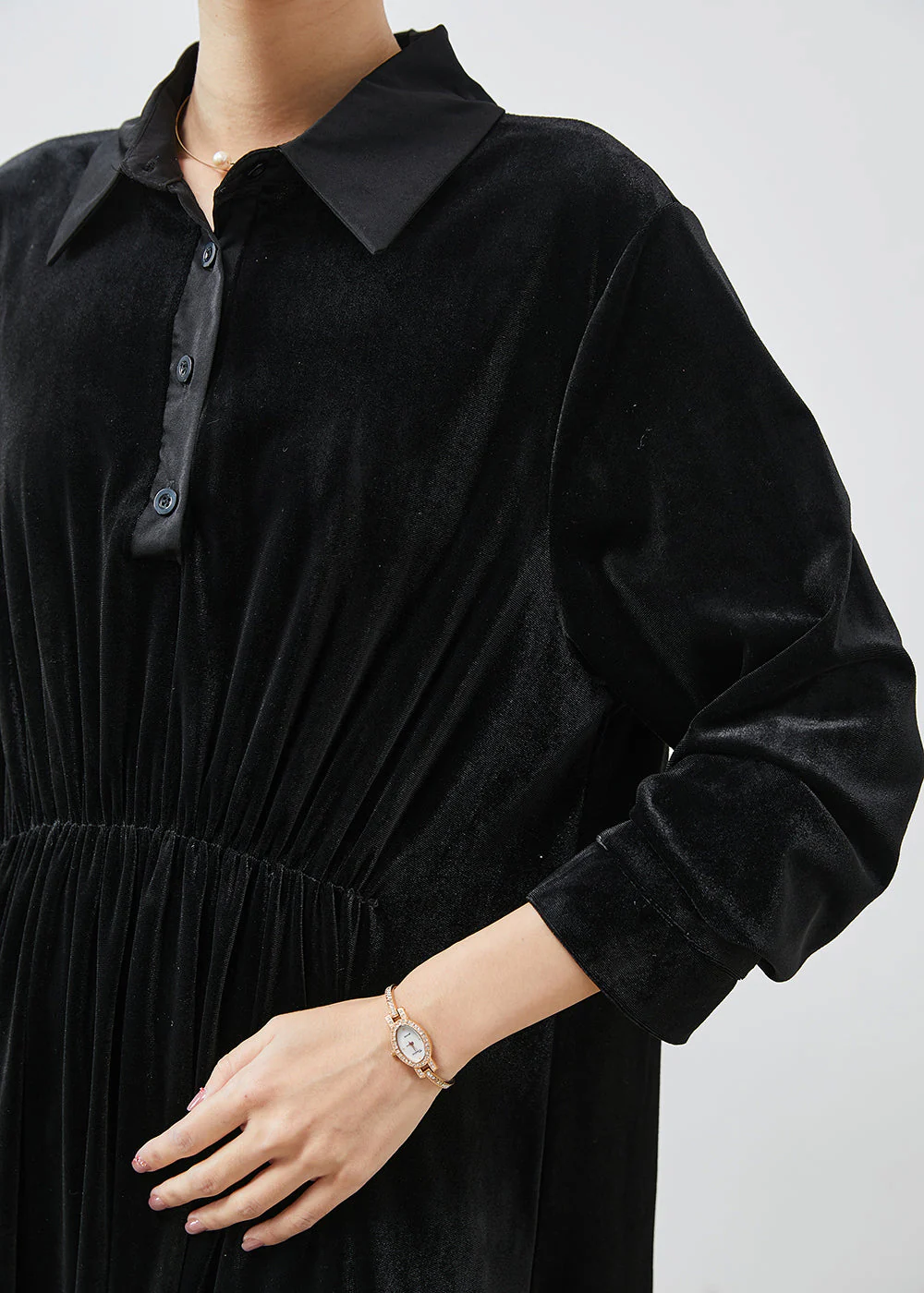 Beautiful Black Peter Pan Collar Patchwork Silk Velvet Dresses Fall - Image 5
