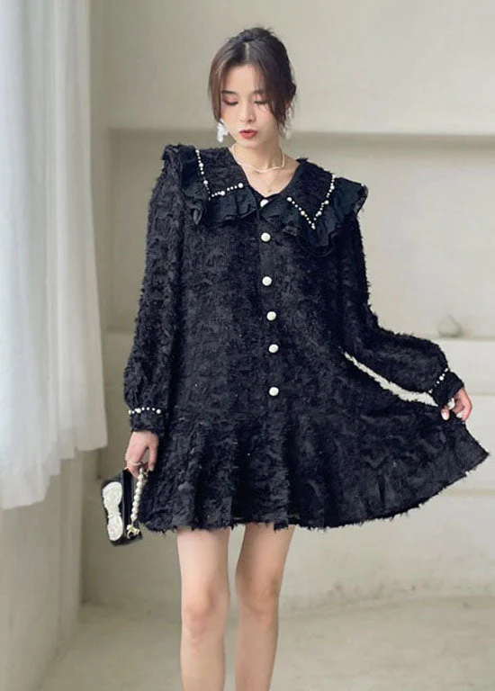 Beautiful Black Peter Pan Collar Ruffled Mini Dresses Spring - Image 3