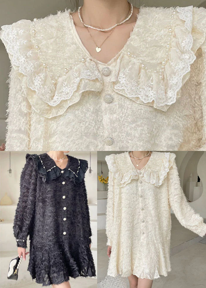 Beautiful Black Peter Pan Collar Ruffled Mini Dresses Spring - Image 5