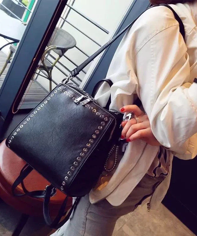 Beautiful Black Rivet Solid Durable Faux Leather Versatile Backpack Bag - Image 5