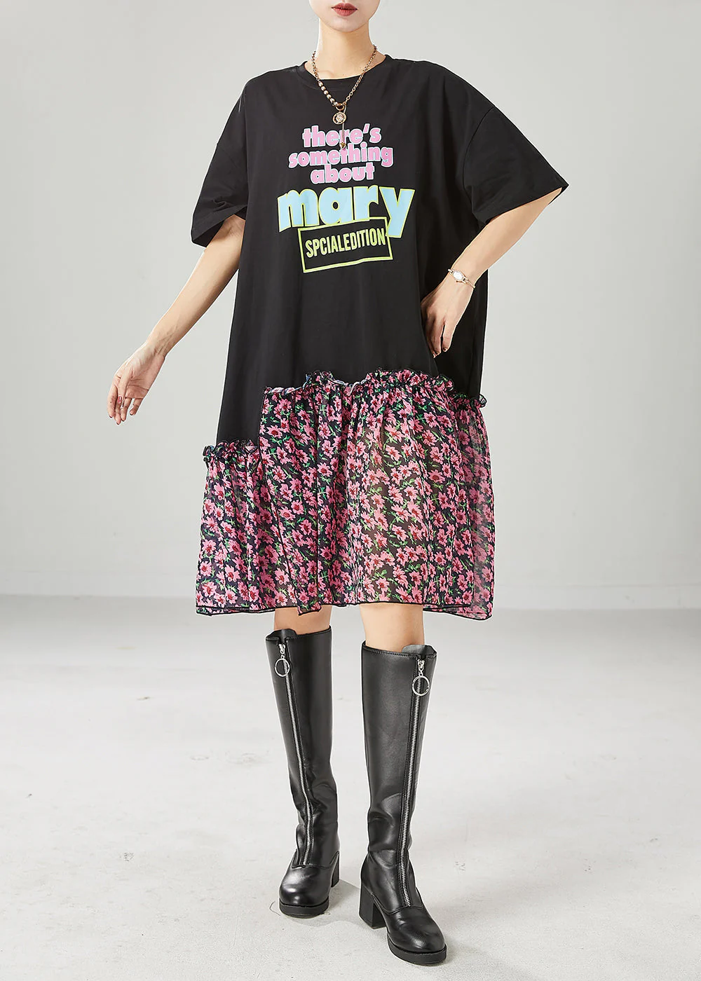 Beautiful Black Ruffled Patchwork Letter Print Cotton Robe Dresses Summer - Image 2
