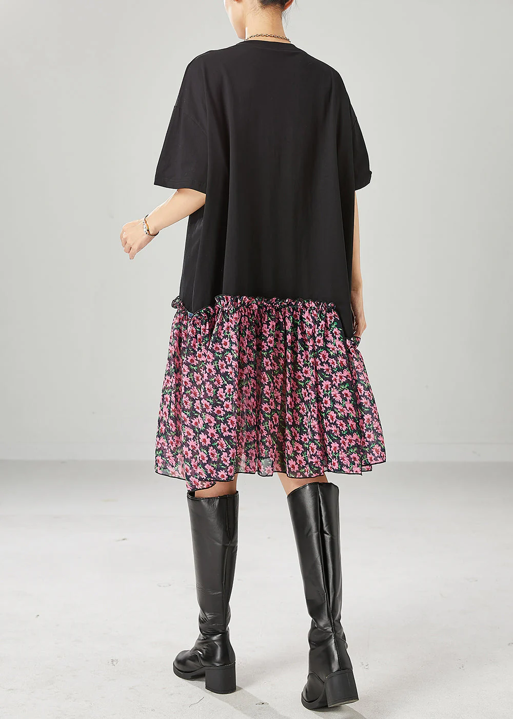 Beautiful Black Ruffled Patchwork Letter Print Cotton Robe Dresses Summer - Image 4