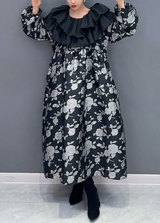 Beautiful Black Ruffled Print Patchwork Cotton Long Dress Fall - Image 2