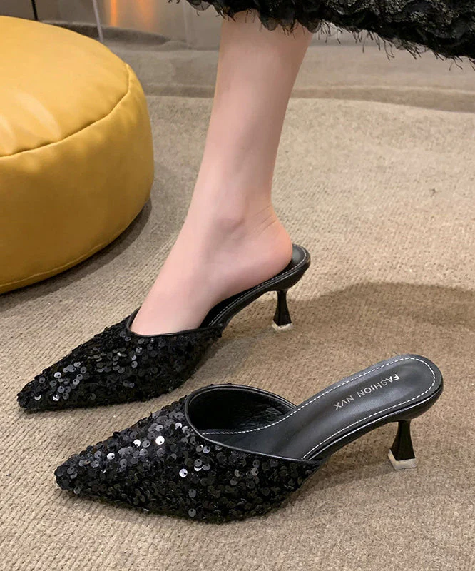 Beautiful Black Sequins Pointed Toe Kitten Thong Sandals - Image 3