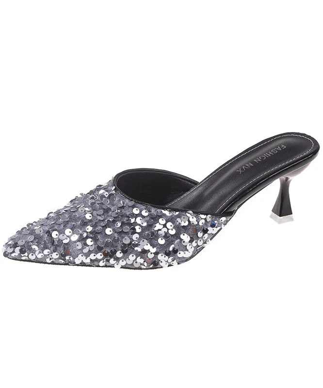 Beautiful Black Sequins Pointed Toe Kitten Thong Sandals - Image 5