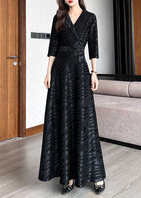Beautiful Black Striped Patchwork Tie Waist Silk A line Long Dresses Half Sleeve - Image 2