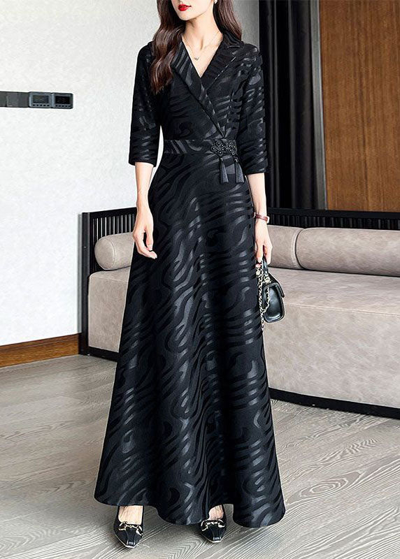 Beautiful Black Striped Patchwork Tie Waist Silk A line Long Dresses Half Sleeve - Image 3