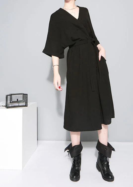 Beautiful Black tie waist V Neck Dress Half Sleeve - Image 3