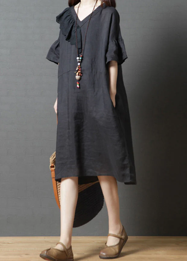 Beautiful Black V Neck asymmetrical design Dress Flare Sleeve - Image 2