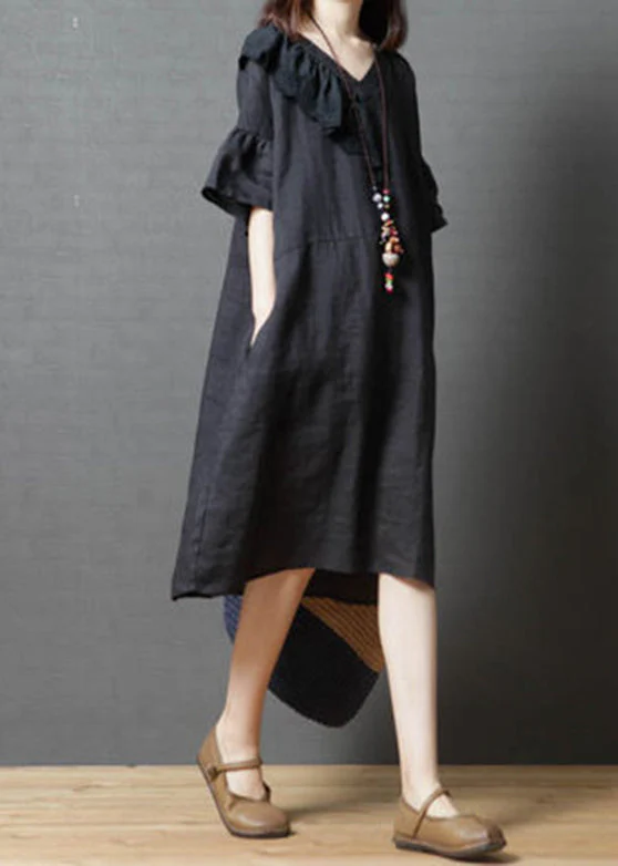 Beautiful Black V Neck asymmetrical design Dress Flare Sleeve - Image 3