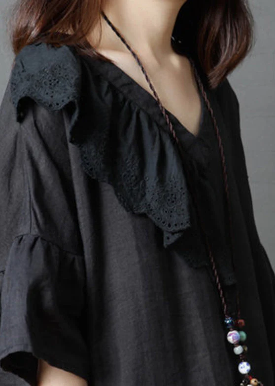 Beautiful Black V Neck asymmetrical design Dress Flare Sleeve - Image 5