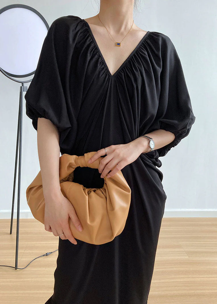 Beautiful Black V Neck Cold Shoulder Wrinkled Cotton Holiday Dress Summer - Image 2