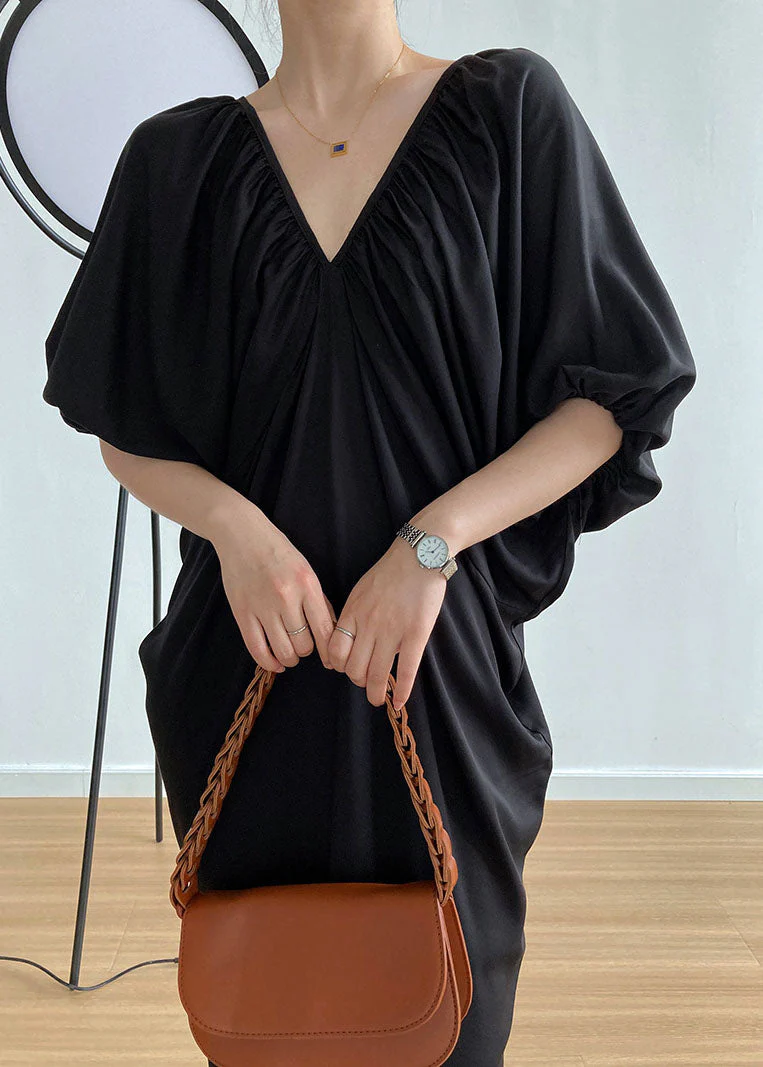 Beautiful Black V Neck Cold Shoulder Wrinkled Cotton Holiday Dress Summer - Image 3